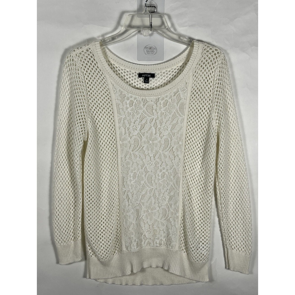 Apt 9 Open Knit Crochet Lace Detail Pullover Soft Light-Weight Sweater Ivory Med - Picture 1 of 9
